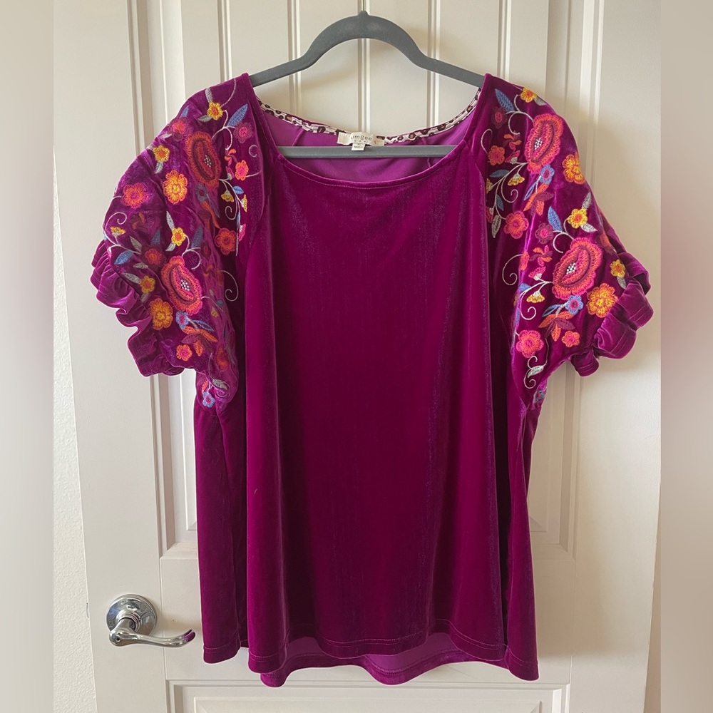 Umgee Magenta Velvet Embroidery Short Ruffle Sleeve Top